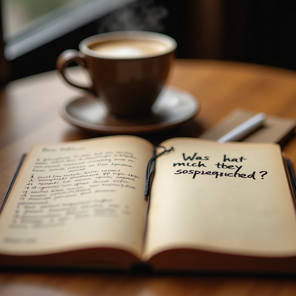 Notizbuch mit Beobachtungsnotizen neben einer Tasse Kaffee, warme Atmosphäre