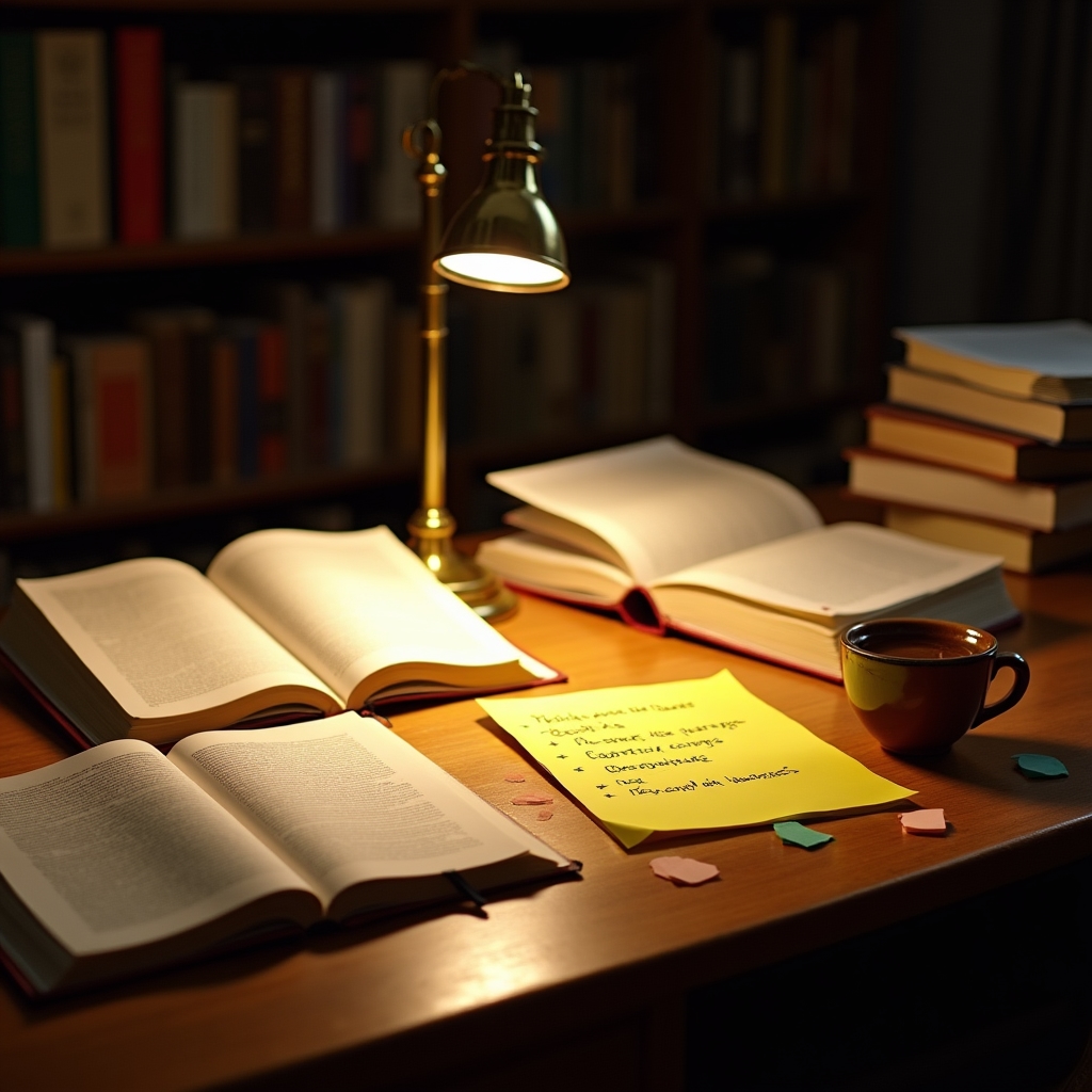 Forschungsumgebung mit Büchern und psychologischen Konzepten auf einem Schreibtisch